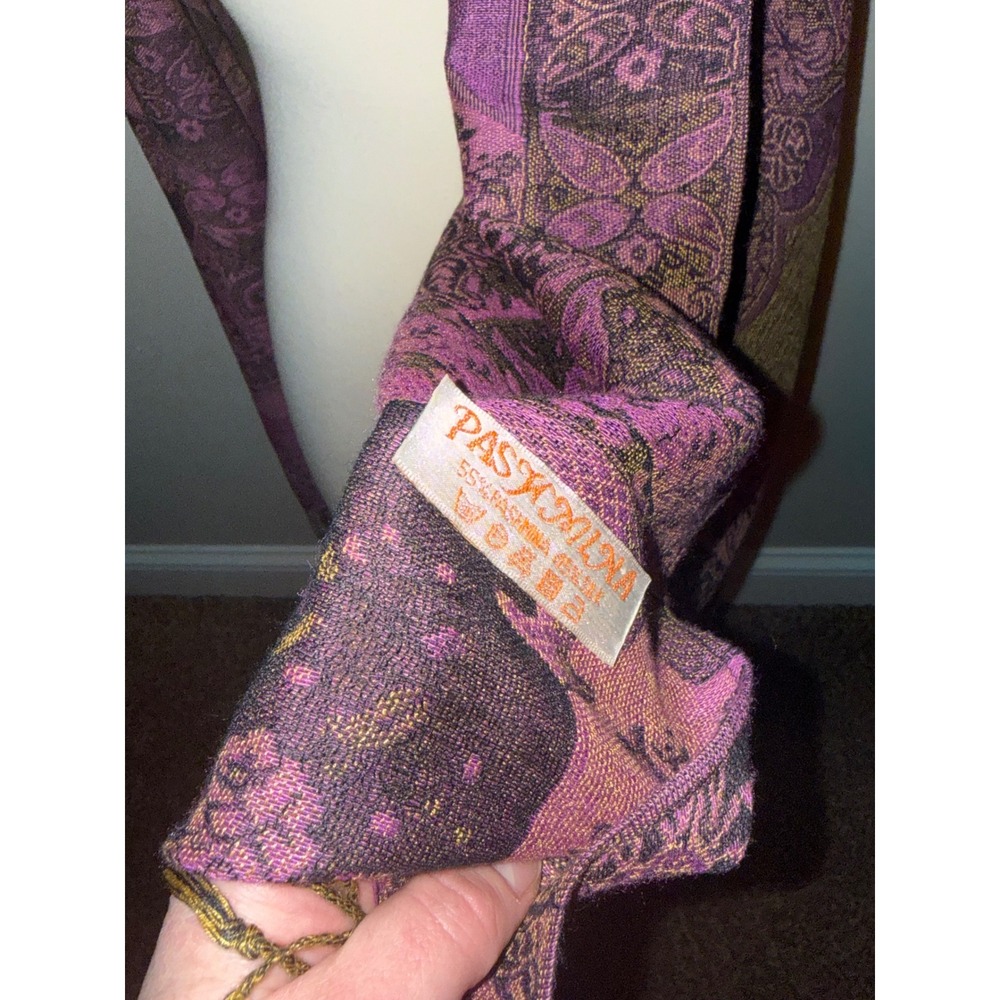 Elegant Paisley Pashmina Scarf Wrap Purple Gold Fringe Accent - Picture 5 of 8